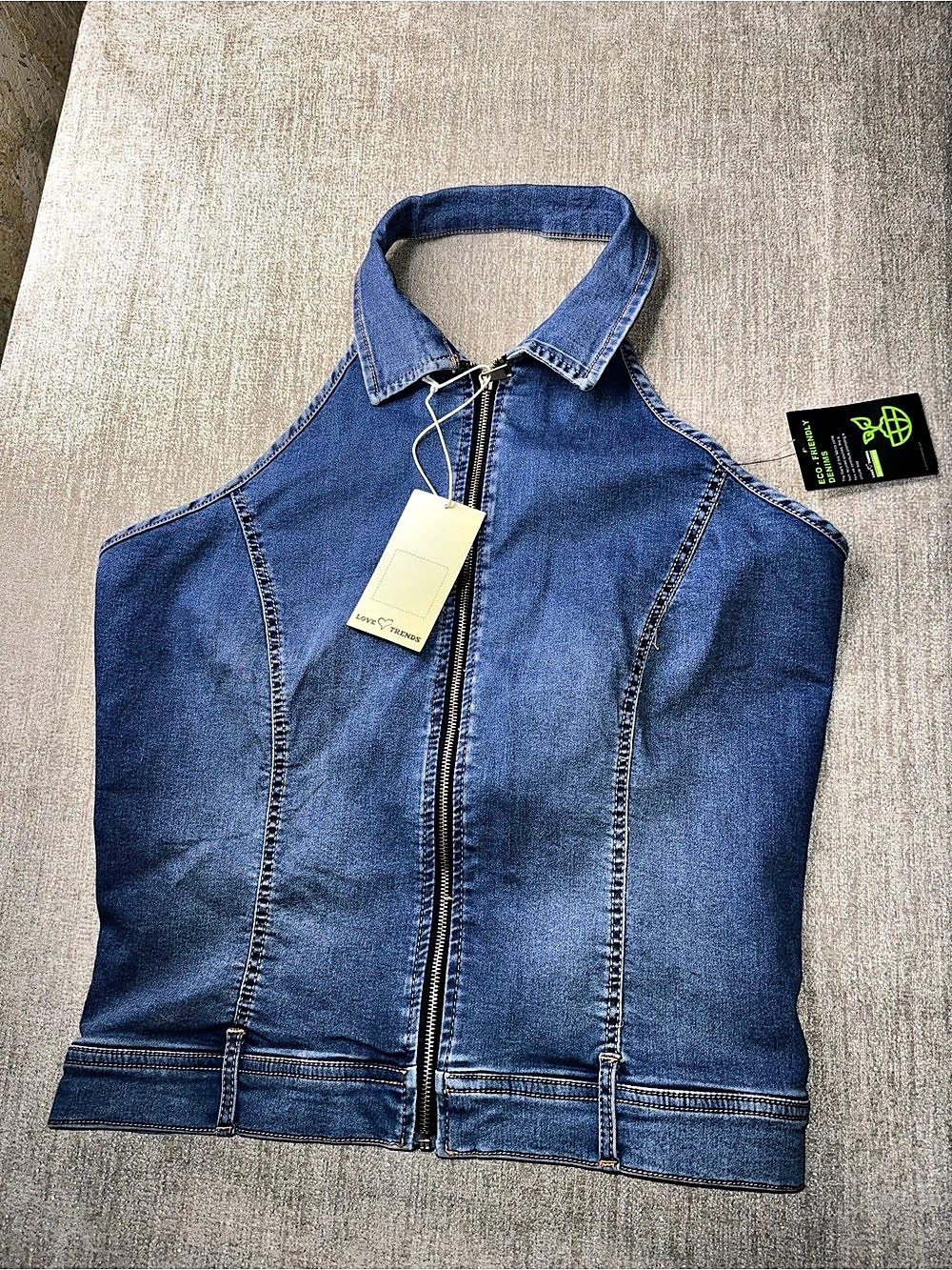 Love Trends Collared Crop Halter Top with Zipper Denim Crop Halter Top Blue XL